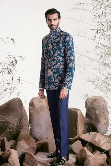 TEAL EMBROIDERED BLUE PRINCE COAT
